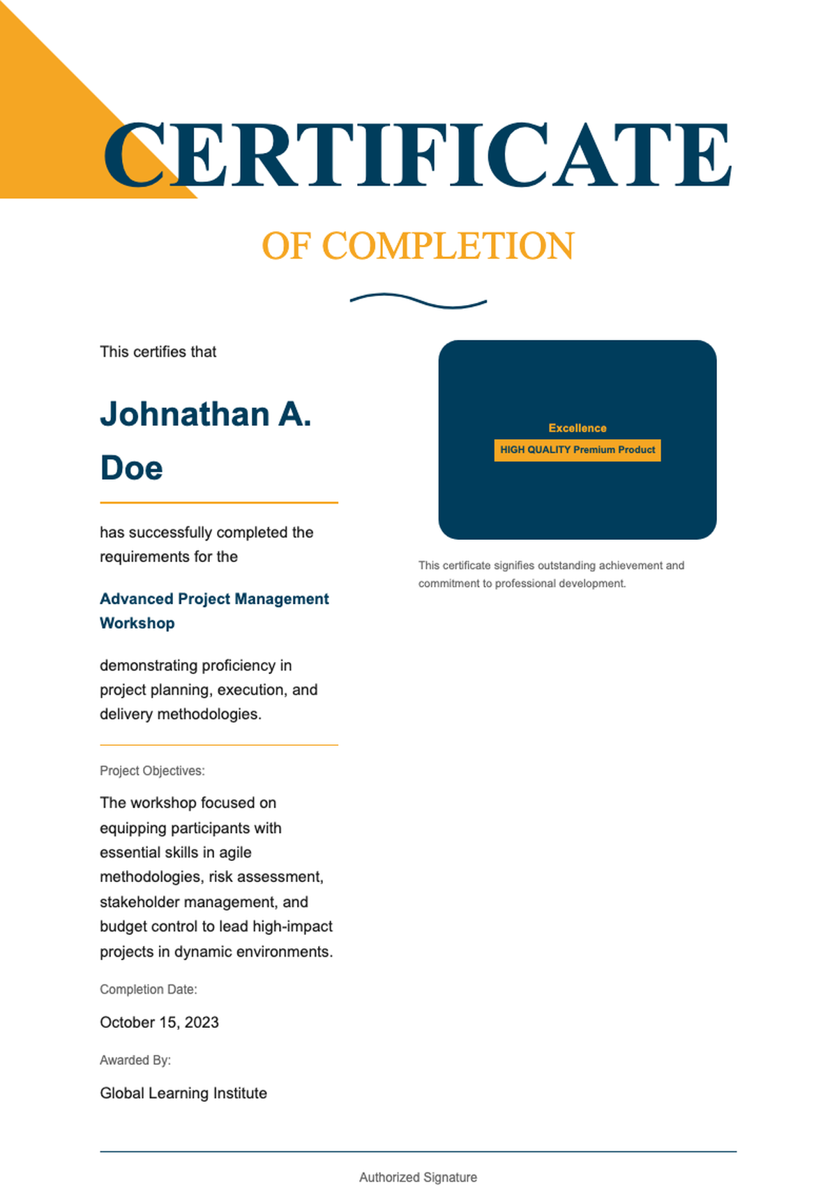 Professional certificate of completion template with blue and gold accents_variant_2
